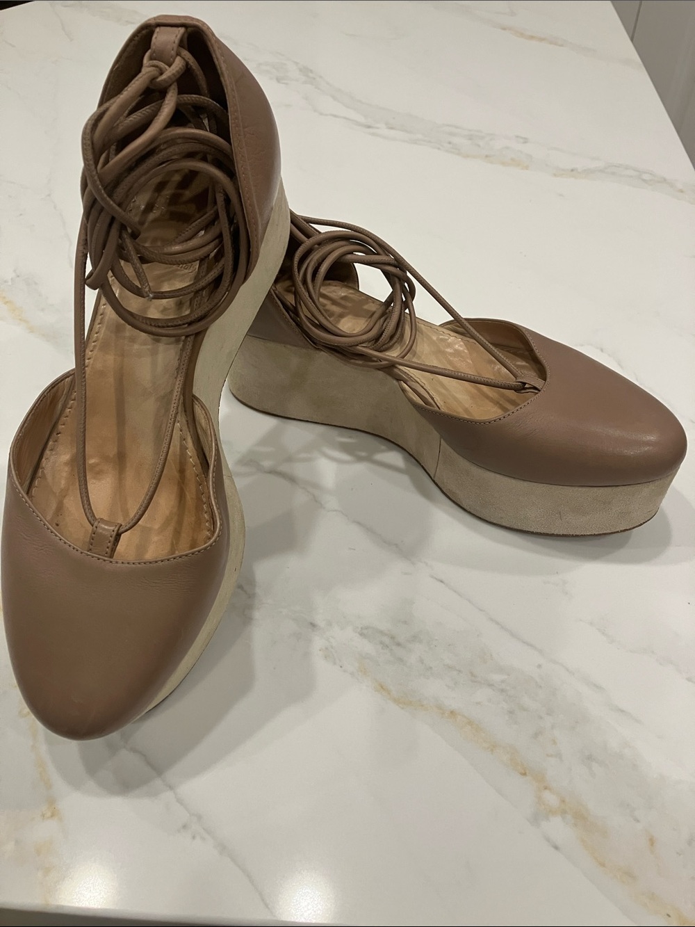 Rare Brunello Cucinelli Leather/Suede Ankle Lace Flatform Wedge Sz 40 Taupe- EUC